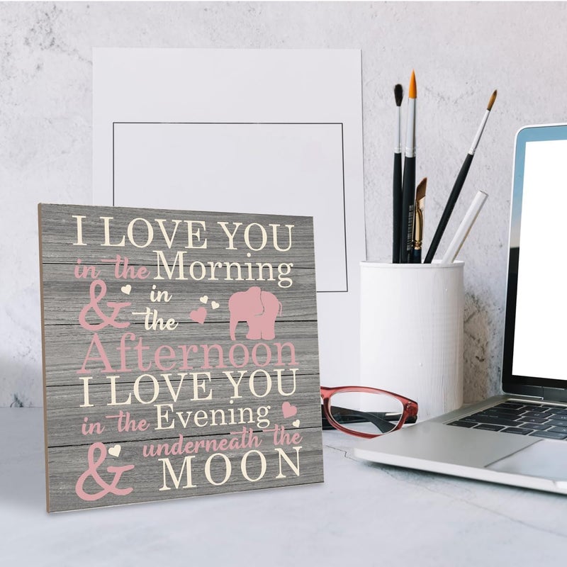 SUSZDOU Love Sign, Wood Plaque Table Art Sign 6.2 * 6.2inch, Elephant Wood Sign for Nursery, Decoration for Baby Girls Room, Daughter's Room Decor, I Love You in the Morning Afternoon Evening & Moon - Image 4